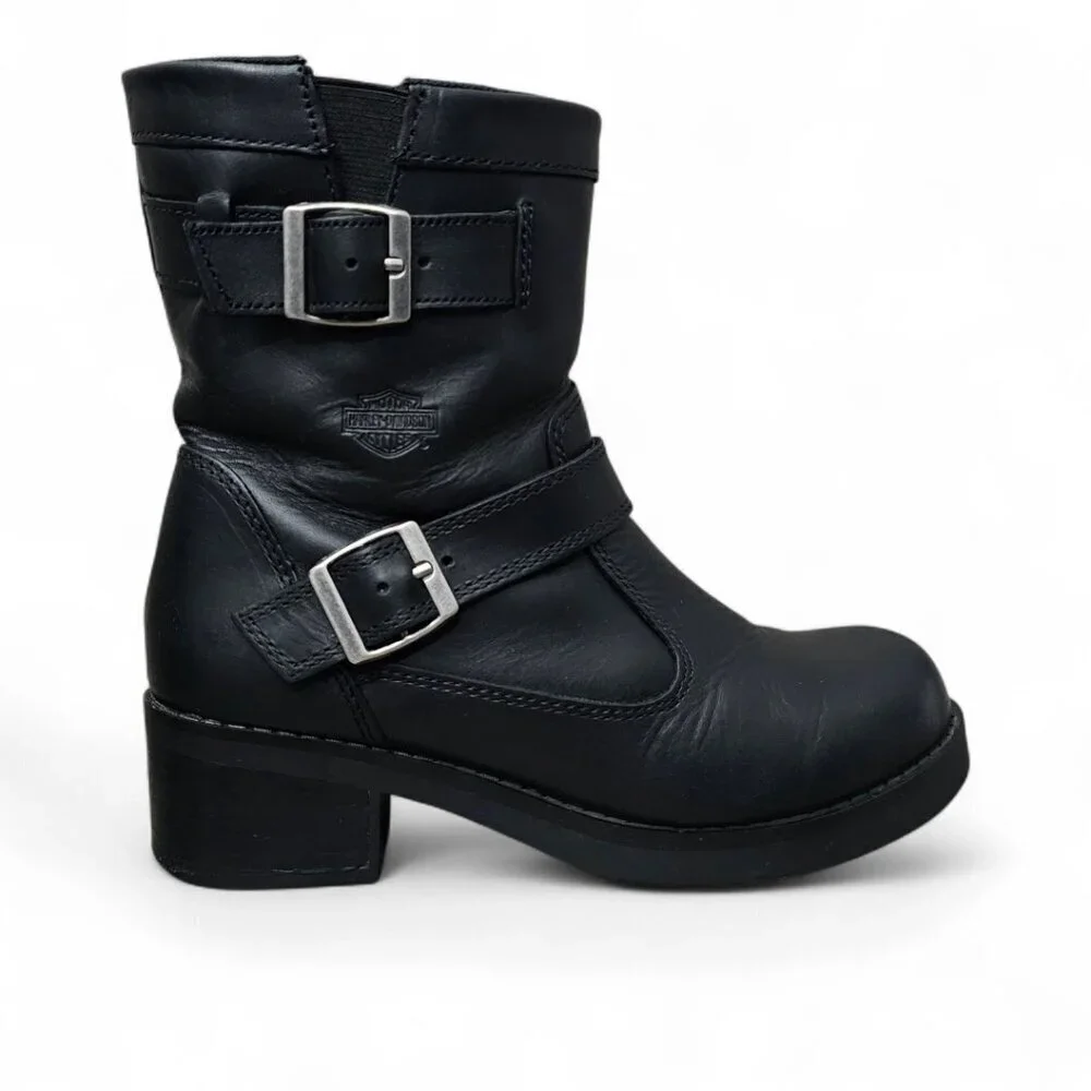 Harley Davidson Shelby Leather Buckle Zip Black Ankle Motorcycle Boots #83542